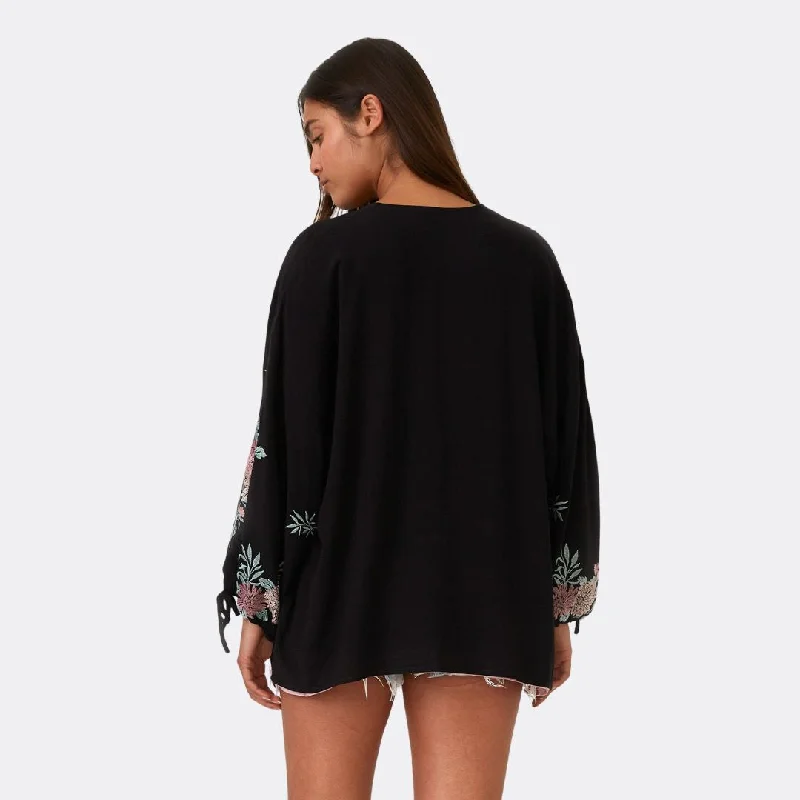 Floral Embroidered Long Sleeve Kimono Top (Black + Rose)