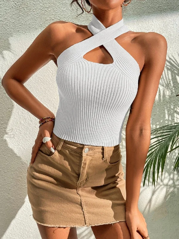 Heart Criss Cross Ribbed Knit Halter Crop Top