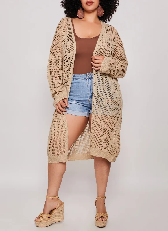 Plus Size Crochet Open Front Long Sleeve Duster