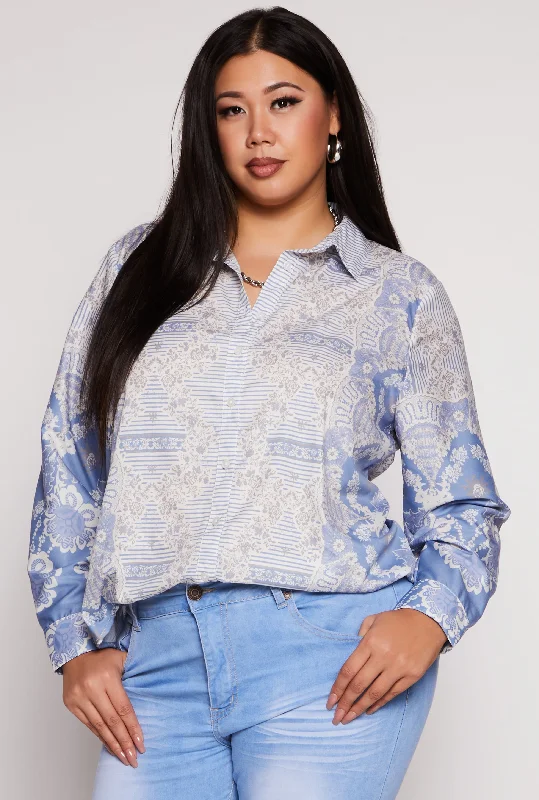 Plus Size Printed Long Sleeve Button Front Shirt